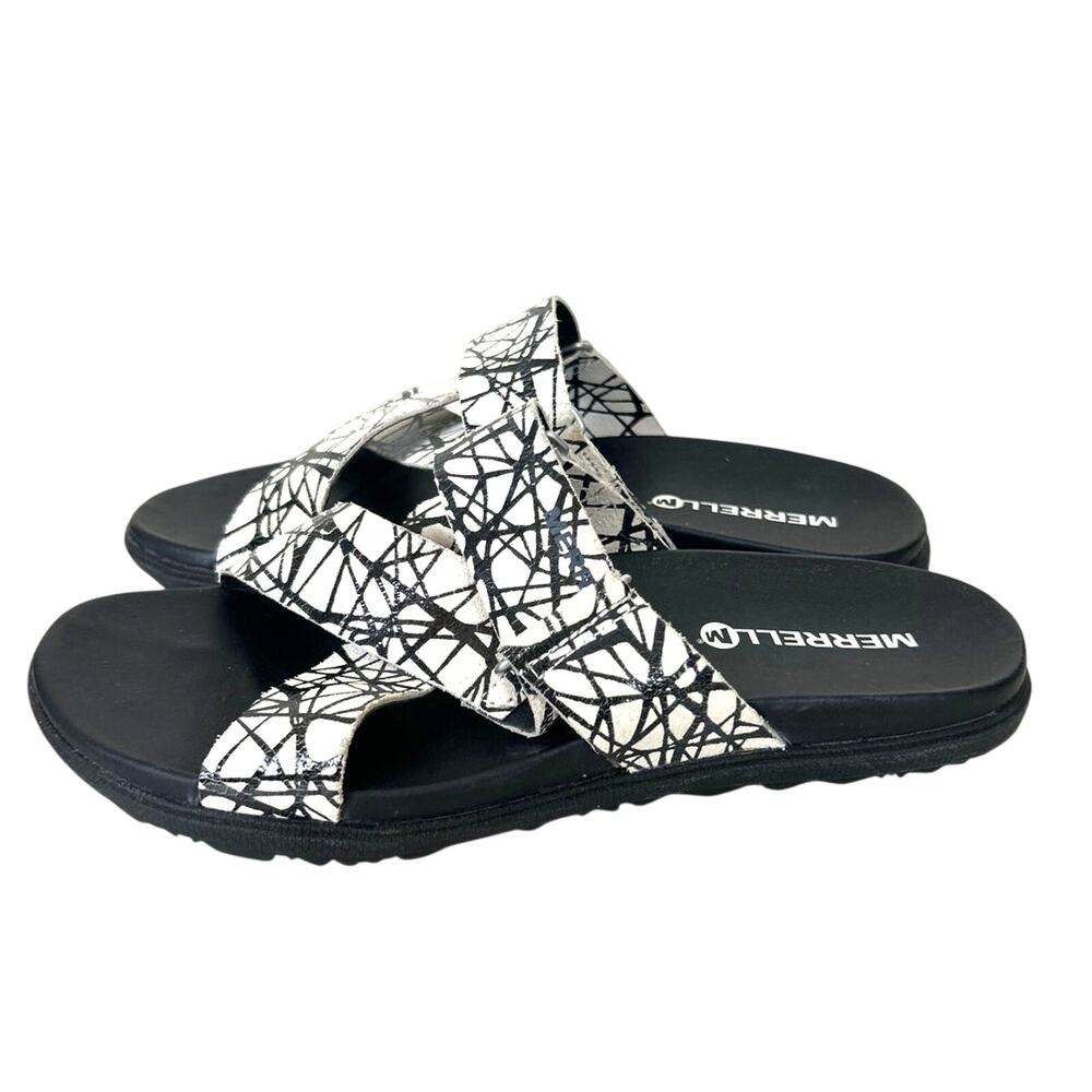 Merrell Womens 7 Around Town White Black Leather Strap Slip-On Casual Sandal NEW